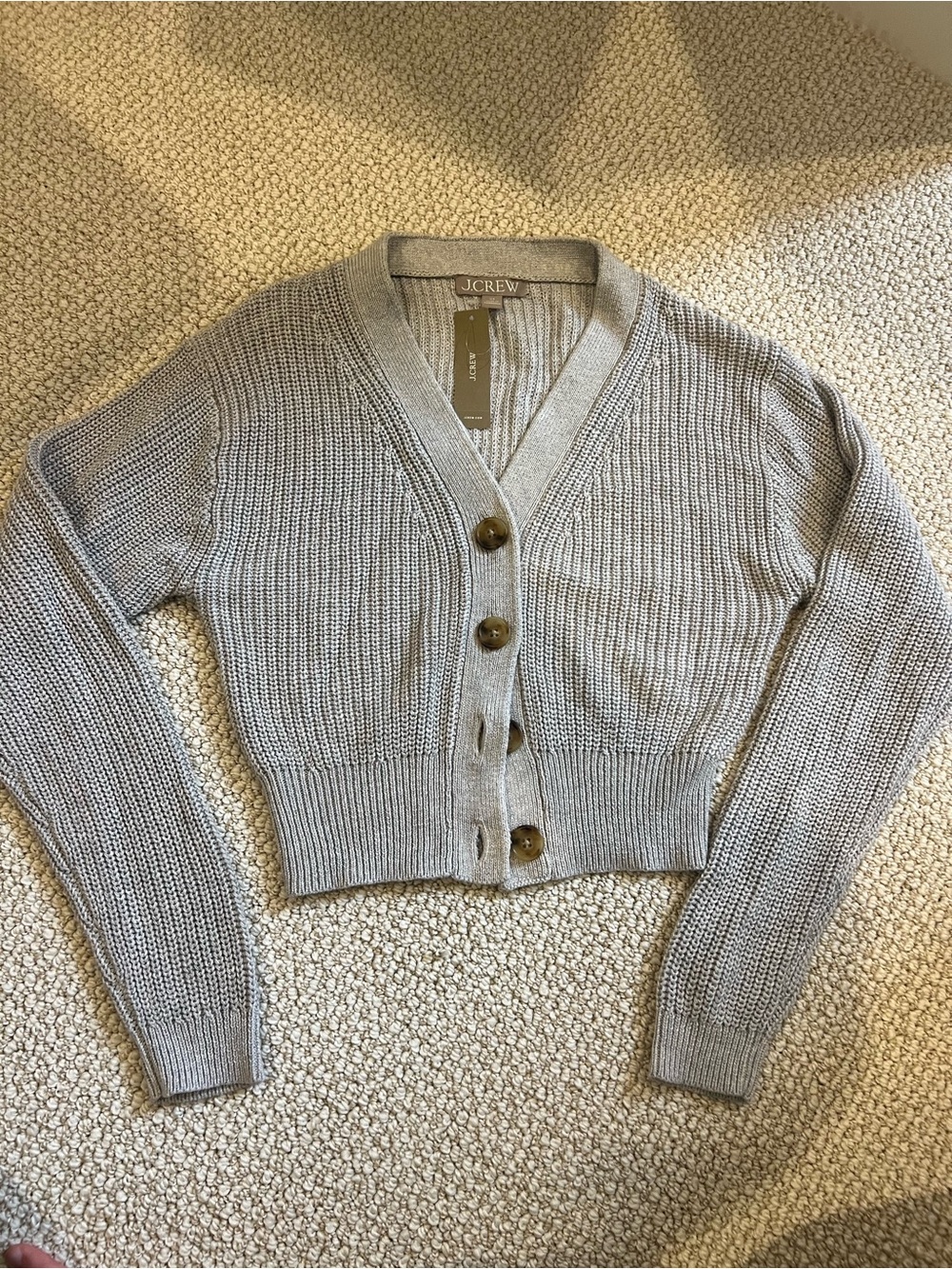 J. Crew Light Gray Cropped V-Neck Button Cardigan
